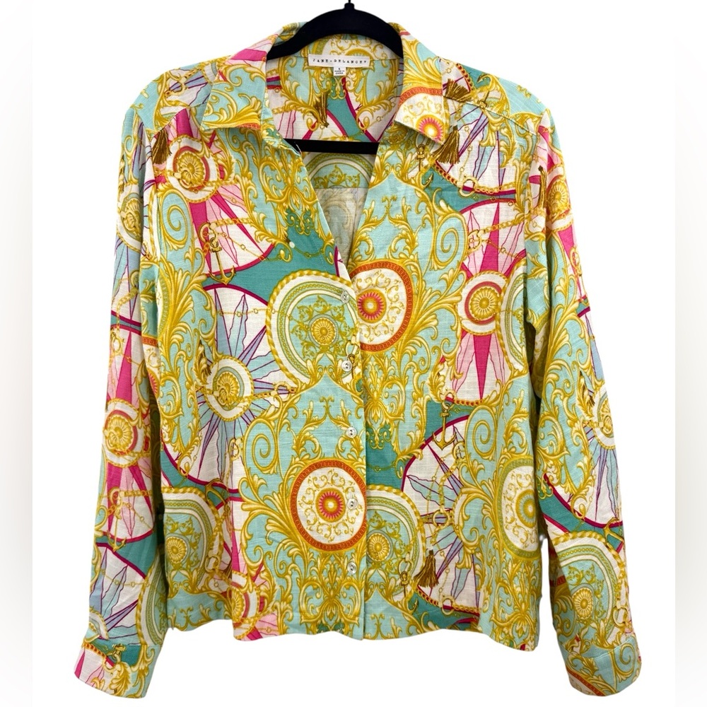 Jane + Delancey Baroque Print Linen Blend Nautical Chain Medallion Top Resort